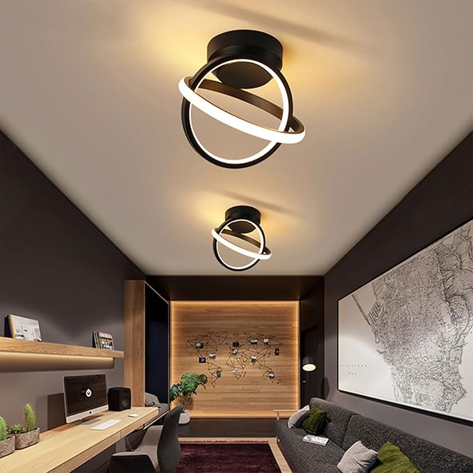 CANEOE Black Led Hallway Light, 3000K Modern LED Ceiling Light Fixtures, Creative Design Round Hallway Light Fixtures for Living Room Bedroom Corridor Aisle Indoor Ceiling Lamp (Warm White)