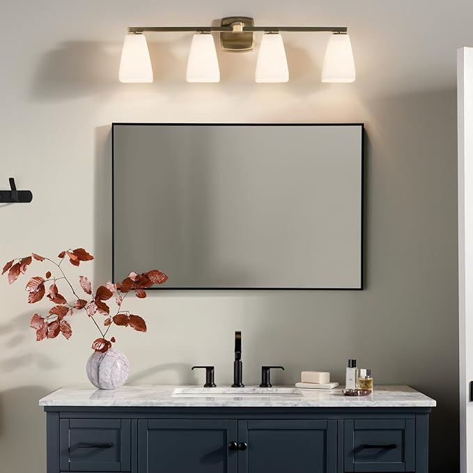 Kichler Marant 4-Light Bathroom Vanity Light Fixture with Opal Glass, 33.25" Modern Wall Mount Lighting Over Mirror in Champagne Bronze for Powder Room (33.25" W x 9.5" H), 55217CPZ