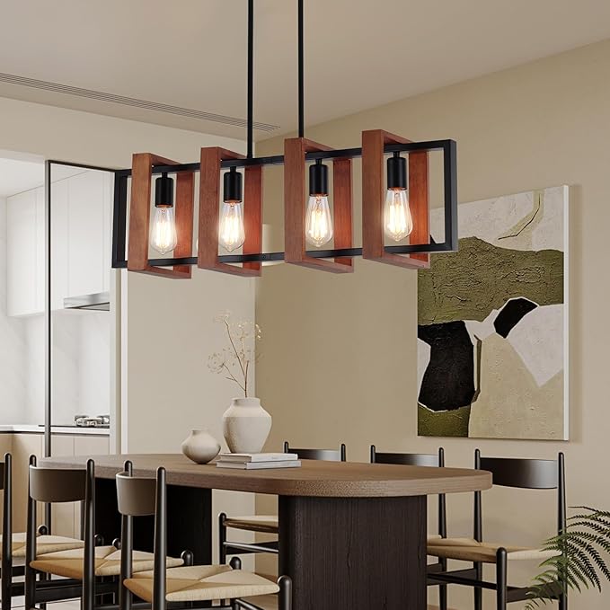 32" Farmhouse Kitchen Island Lighting Adjustable Dining Room Light Fixtures, 4-Light Rustic Wood and Black Metal Rectangular Chandelier Modern Pendant Lighting for Kitchen Island, Cafe