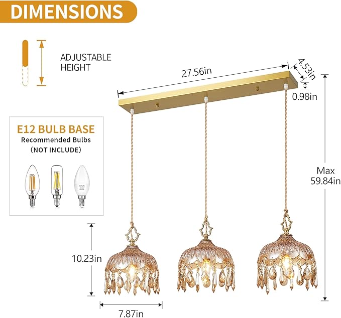 3-Light Glass Pendant Light Crystal Hanging Light Fixtures,Brass Vintage Amber Glass Pendant Lights for Kitchen Island Dining Room Living Room Bedroom Hallway(Amber,Long Chassis)