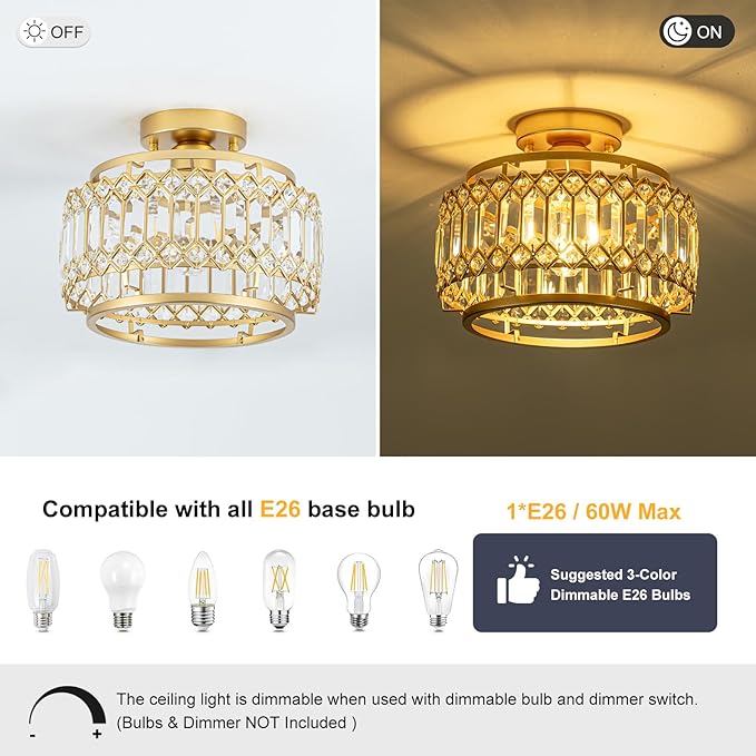 Modern Gold Crystal Flush Mount Ceiling Light with LED Bulb (50% Brighter) – 11.4" Dimmable Chandelier for Dining Room, Bedroom – Reinforced Iron Frame & K9 Crystals – Easy Install