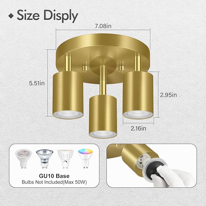 3 Light Track Lighting Fixtures Ceiling, Gold Round Directional Ceiling Spotlight, GU10 Flush Mount Track Fixture, Adjustable Modern LED Ceiling Lights for Kitchen/Living Room, Bulb Not Included