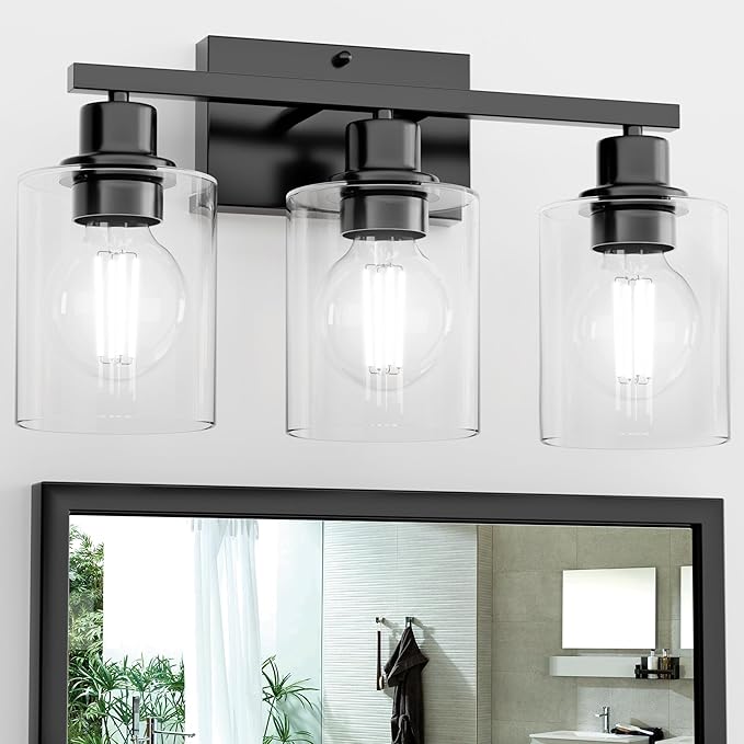 Black Bathroom Lights Over Mirror, Anti-Rust 3-Light Vanity Lighting Fixture for Bathroom, Modern 18Inches Wall Sconce Light for Living Room, Standard E26 Base, Clear Glass Shades, Bulbs Not Included