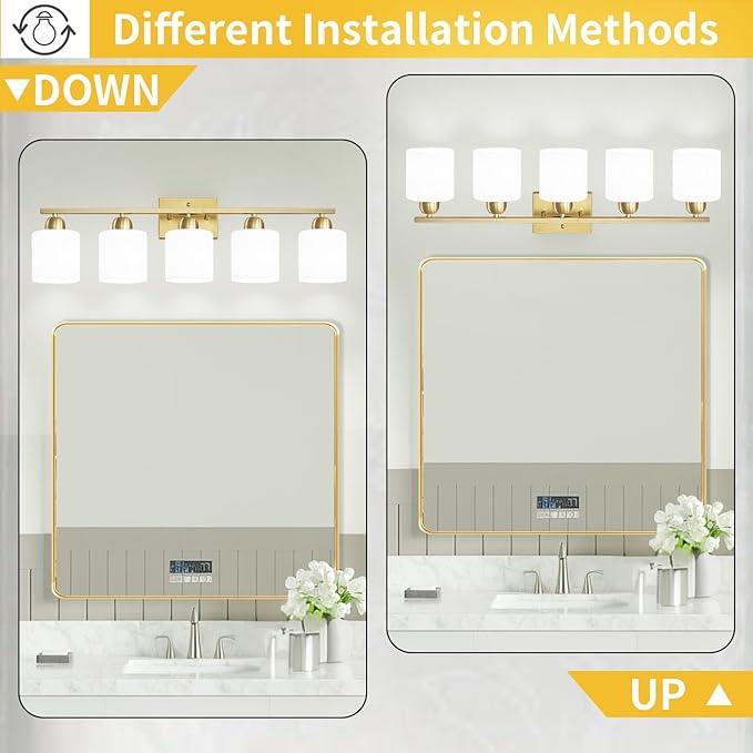 Bath Vanity Lights for Mirror, Restroom Lights Fixtures with Milky White Frosted Glass Shades,Bathroom Over Sink Light Fixtures, Bathroom Light Fixtures Over Mirror (Gold, 5-Light)