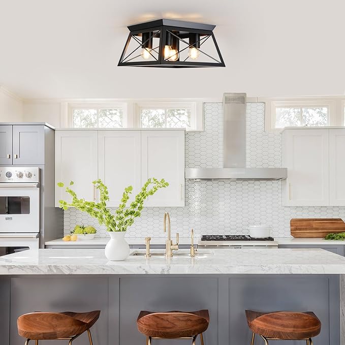 Farmhouse 4-Light Metal-Framed Industrial Kitchen Ceiling Lights - Black Flush Mount for Dining Room, Kitchen, Bedroom, Hallway, Foyer, Living Room, Laundry