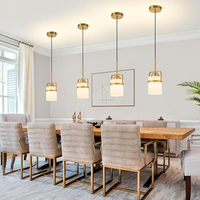 Modern Brass Pendant Lights Kitchen Island Light, Adjustable Hanging Light Fixture with Milk Glass Shade, Farmhouse Pendant Light for Dining Room Bar Over Sink/Table/Counter, 2 Pack