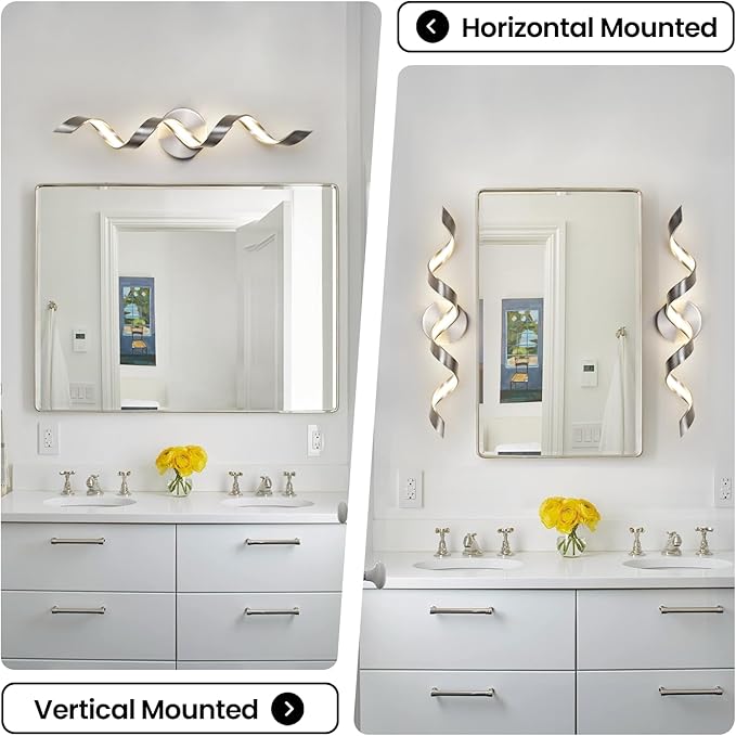 LED Modern Bathroom Vanity Light Fixtures, 24 inch Brushed Nickel Wall Lamp Bedroom 4000K, Spiral Design Wall Sconce for Mirror, Living Room, Bedroom, Hallway 15W