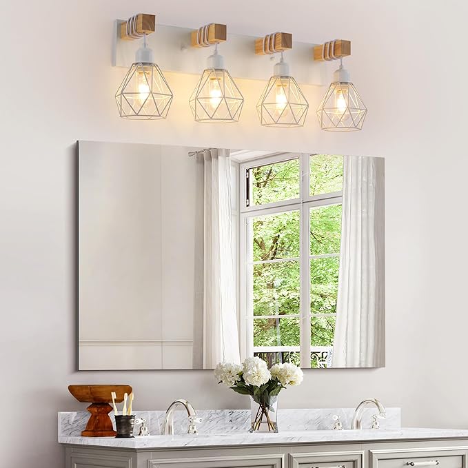 Farmhouse Vanity Light for Bathroom, 4-Light White Wood Bathroom Vanity Light Fixtures Over Mirror, Rustic Sconces Wall Lighting with Metal Lampshade for Living Room, Bedroom, Hallway