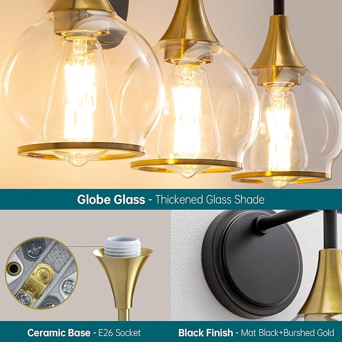 Black and Gold Bathroom Vanity Light 3-Lights Bathroom Light Fixtures Over Mirror with Clear Glass Shade 22.4 inch Wall Sconce Lighting Bath(Exclude E26 Bulb)