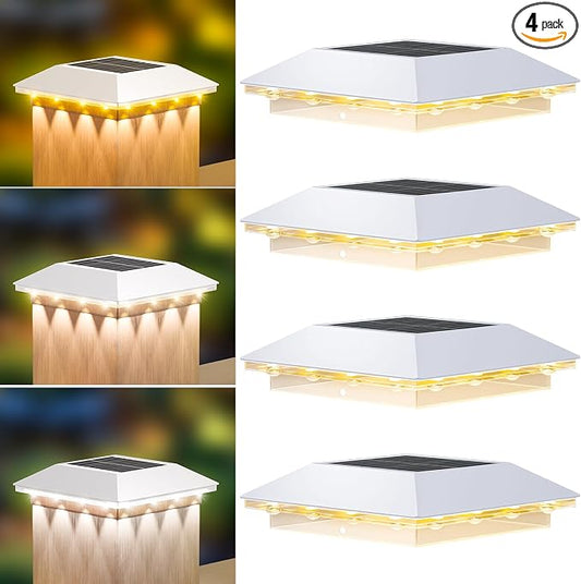 Mlambert 4 Pack Solar Post Cap Lights Outdoor - 3 Lighting Modes Waterproof LED Fit 3.5x3.5 Wood/4x4 Vinyl Fence Deck Posts, White