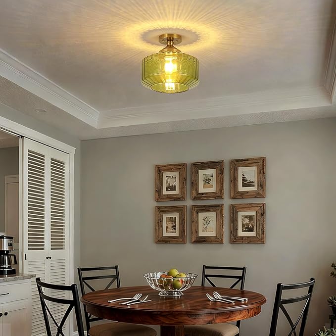11.8in Semi Flush Mount Ceiling Light Fixture, Vintage Striated Glass Kitchen Lighting Fixtures Ceiling Mount for Entryway Hallway Bedroom Dining Room Bathroom Foyer Laundry (Green)