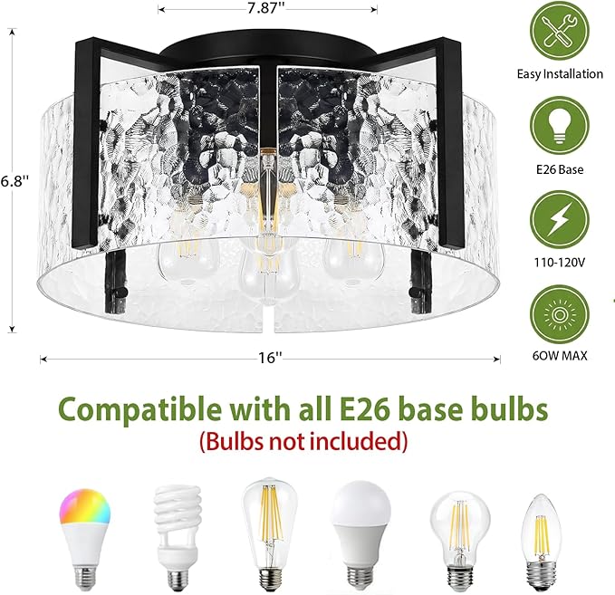 16" Black Semi-Flush Mount Ceiling Light, 4-Light Modern Hammered Glass Drum Fixture, Dimmable E26 Socket, Indoor Lighting for Bedroom Hallway Entryway Kitchen Foyer Living Room Laundry Decor