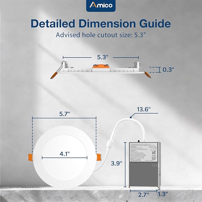 Amico 12 Pack 5 Inch 5CCT Ultra-Thin LED Canless Recessed Ceiling Light with Junction Box, 2700K/3000K/3500K/4000K/5000K Selectable, 11W=75W, 900LM High Brightness, Dimmable Wafer Downlight, ETL&FCC