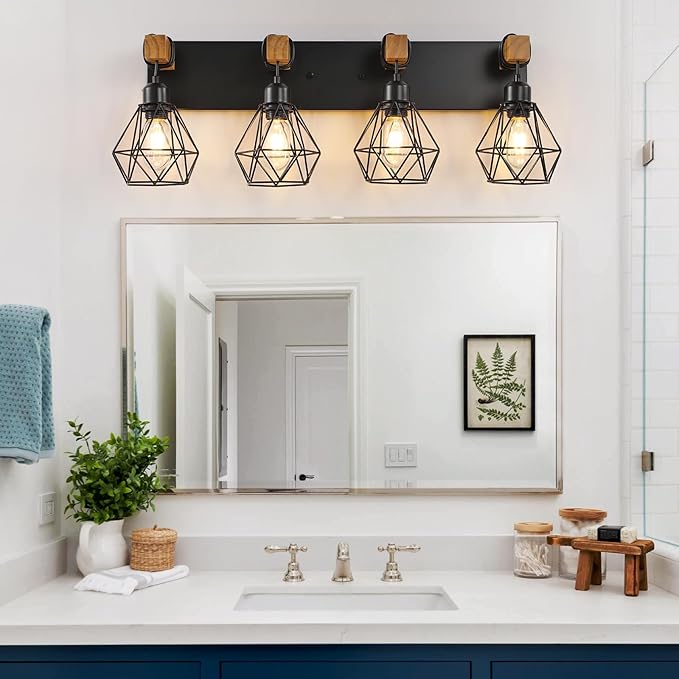 4 Light Farmhouse Vanity Light for Bathroom, Wood Bathroom Vanity Light Fixtures Over Mirror, Rustic Sconces Wall Lighting with Metal Lampshade for Living Room, Bedroom, Hallway