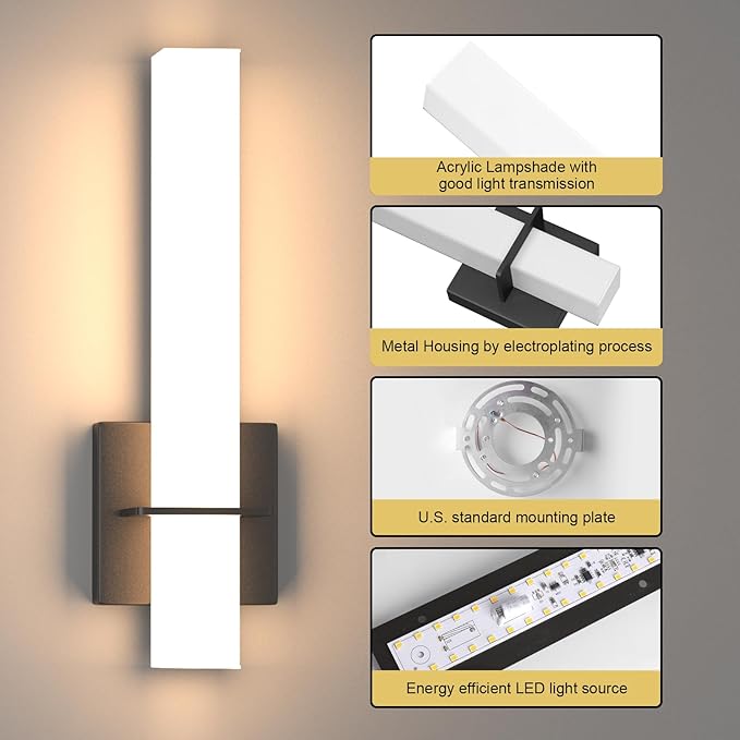 15.7inches Modern Led Wall Sconces,18W 3000K 1200Lumen Bathroom Vanity Wall Lights with White Acrylic Lampshade,Indoor Hardwired Wall Lamp for Bedroom Living Room(Black,2-Pack)