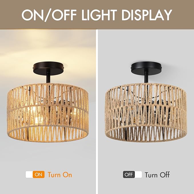 Boho Semi Flush Mount Ceiling Light Fixture Woven Rope Drum Lamp Natural Rattan Lighting for Bedroom Kitchen Hallway Entryway Closet Rustic Farmhouse Modern Bohemian Light Fixtures