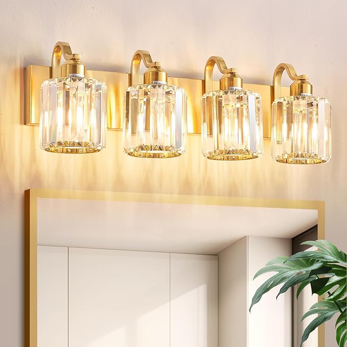 Crystal Vanity Lights, Modern 4-Light Bathroom Lights Over Mirror, Bathroom Light Fixtures with Polished Gold Finish for Mirror Bedroom Living Room (Exclude Bulb)