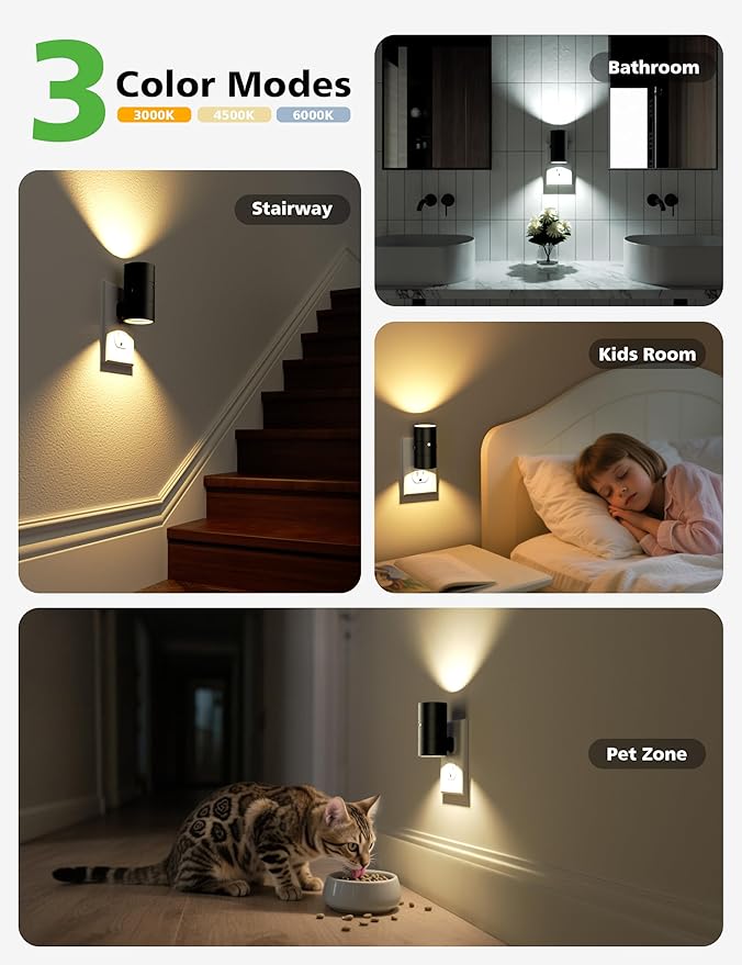 JOFIOS Night Lights Plug Into Wall,Dimmable LED Nightlight with Dusk to Dawn Sensor,0-100LM Adjustable Brightness,3 Color Temperatures,Night Light for Hallway Bathroom Stair Bedroom,Black,4 Pack