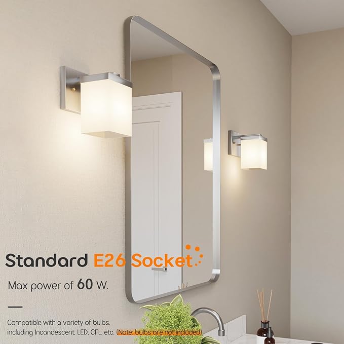 Bathroom Lighting Fixtures Brushed Nickel Vanity Lights with White Frosted Glass Shade, Wall Lamps Over Mirror for Bedroom Porch, 2 Pack T003BR-L1-P2