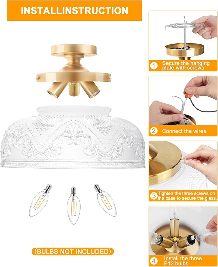 Semi Flush Mount Ceiling Light, 12 Inch Large Gold Ceiling Light Fixture, 3-Light Globe White Glass Farmhouse Kitchen Lighting Fixtures for Bathroom, Hallway, Dining Room (Bulb Not Included)