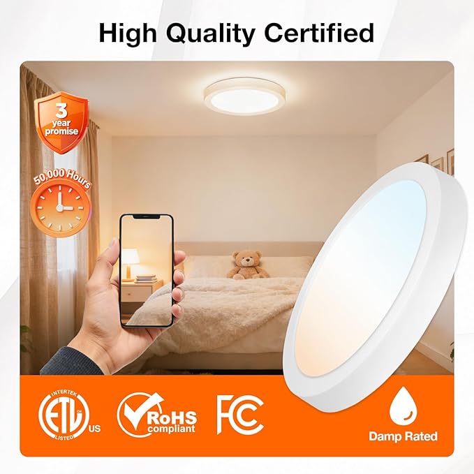 Sylvania 12" LED Flush Mount Ceiling Light Fixture, 24W, 5 Color Select (2700K - 5000K), 1600 LMS, Hardwired, White, LED Lights for Bedroom Kitchen Hallway Porch - 1 Pack (66462)