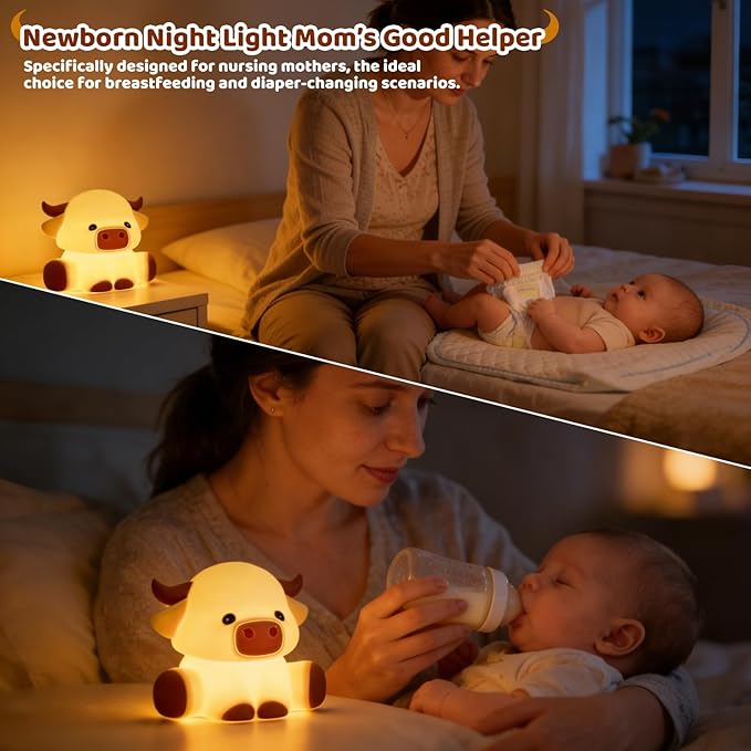 Cute Highland Cow Night Light, LED Touch Silicone Lamp for Bedroom with 7 Colors Timer and Dimmable Squishy Rechargeable Warm Light Night Lights, Animal Lamp for Bedroom Decor Birthday Gift