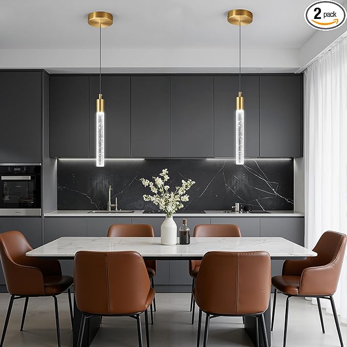 Modern Kitchen Island Pendant Light Dimmable LED Gold Brass Finish Mini Crystal Pendant Lighting Bedroom Bedside Table Small Pendant Lights（2-Pack ）