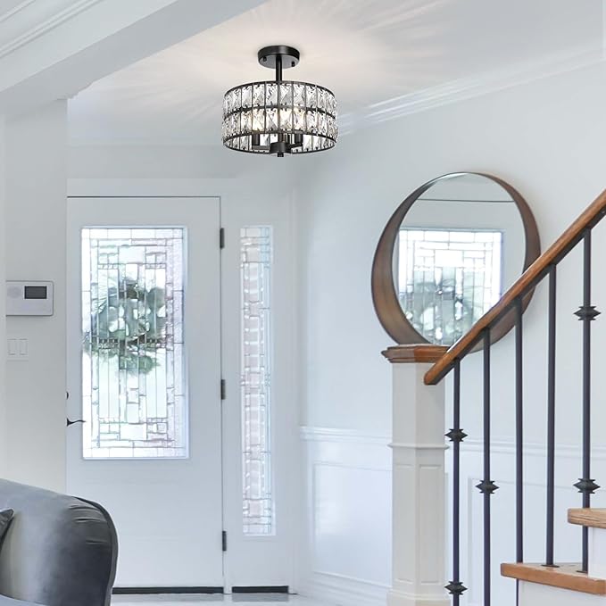 3-Light Round Crystal Ceiling Light Fixture Black Semi Flush Mount Chandelier, 12.6" Farmhouse Kitchen Ceiling Light Fixtures with Cylinder Drum Shade for Hallway Dining Room Bedroom