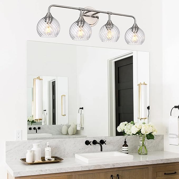 MELUCEE Bathroom Vanity Light Brushed Nickel 4 Lights with Clear Striped Swirl Glass Shade, 33" Vanity Lighting Fixtures Over Mirror Modern Bathroom Wall Lights for Powder Room Kitchen Foyer