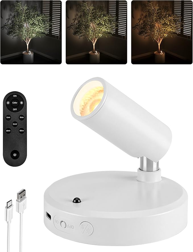 EZVALO Battery Powered LED Spotlight Indoor, Wireless Picture Lights with Remote, 5500mAh Rechargeable Mini Display Light, Uplighting Indoor for Artwork, Tree, Painting, Portrait (white-1Pack)