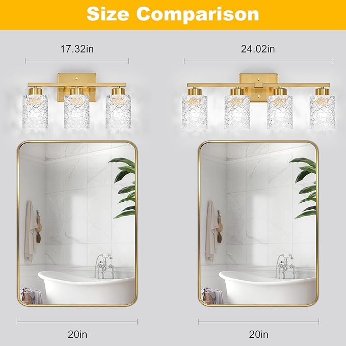 Brushed Gold Bathroom Light Fixtures, 4-Light Modern Bathroom Vanity Wall Light, Vanity Lights for Mirror, Wall Sconces with Clear Textured Glass (E26 Socket, Bulbs Not Included)
