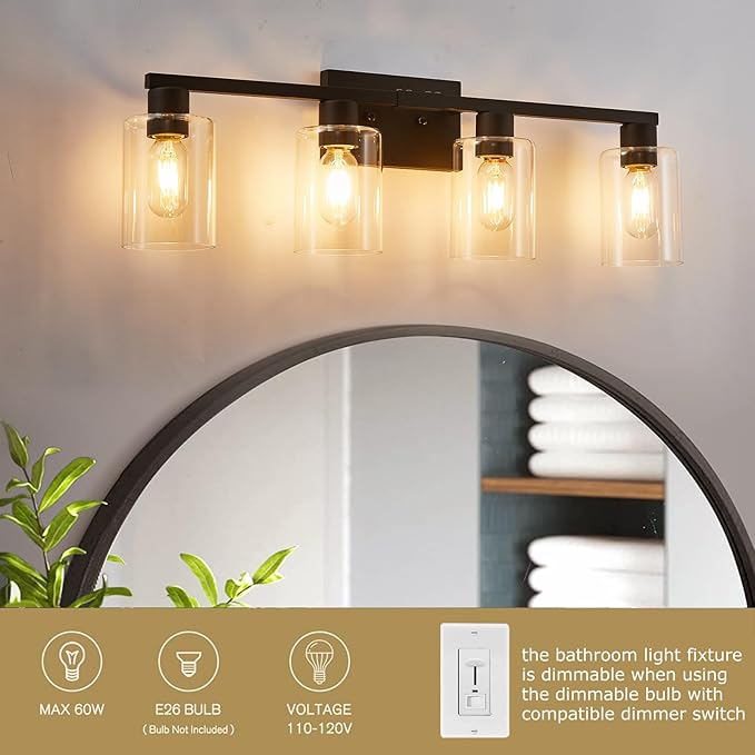 4 Light Bathroom Light Fixtures Black, 28" Vanity Lights Rust Proof Moisture-proof Easy to Clean with Clear Glass for Living Room Cabinet Bedroom Porch for Bathroom Lighting Fixtures over Mirror