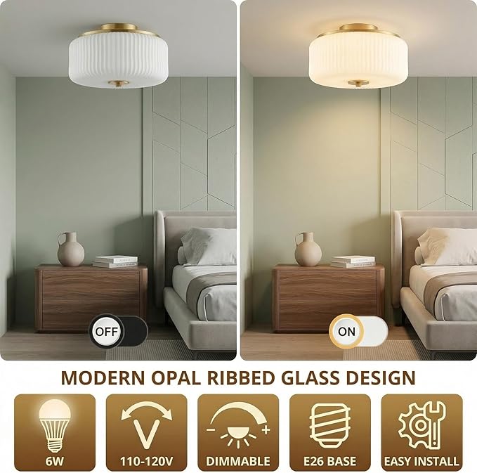 3-Light Gold Flush Mount Ceiling Light, 11.8" Modern Schoolhouse Light Fixtures Ceiling Mount with Ribbed Opal White Glass Shade, Anti-Glare Close to Ceiling Lamp for Bedroom Kitchen Hallway Entryway