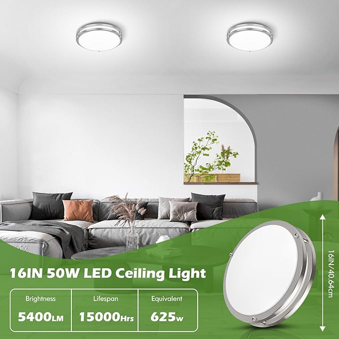 16 Inch 50W LED Ceiling Lights, Dimmable Brushed Nickel Flush Mount Ceiling Light, 2700K/3000K/4000K/5000K/6500K Adjustable, 5400LM Super Bright Ceiling Lamp for Bedroom Kitchen Office, 1-Pack
