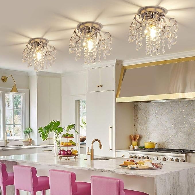 Q&S Small Crystal Chandelier,Flush Mount-Modern Mini Ceiling Light Fixture for Hallway/Entryway/Bedroom/Bathroom/Closet,Chrome Metal with K9 Crystal