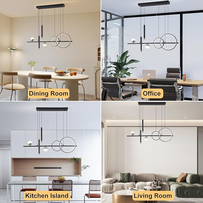 ORANOOR Modern LED Pendant Lights, Dimmable 39in Linear Wave LED Chandelier Lighting, Black & Gold Dining Room Hanging Light Fixtures Kitchen Island Globe Pendant Light for Dining Table (2704lm)