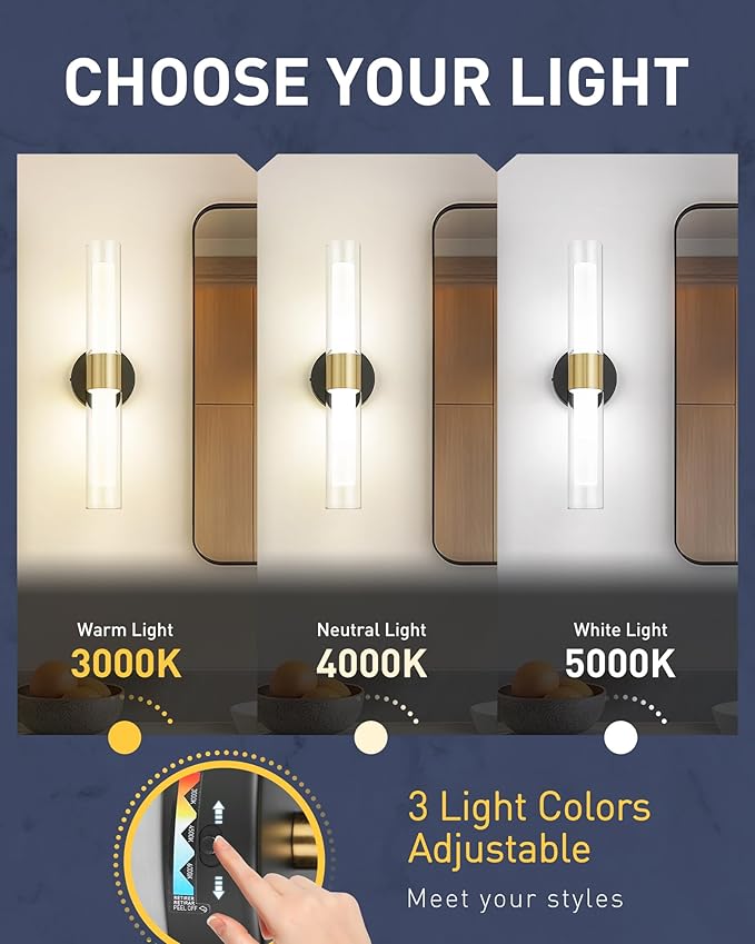 kudos Black and Gold Bathroom Sconces Wall Lighting, Bathroom Vanity Light, Modern Wall Lights with Clear Glass and Frosted Glass for Bathroom Bedroom Hallway, KDVL06-BG-2