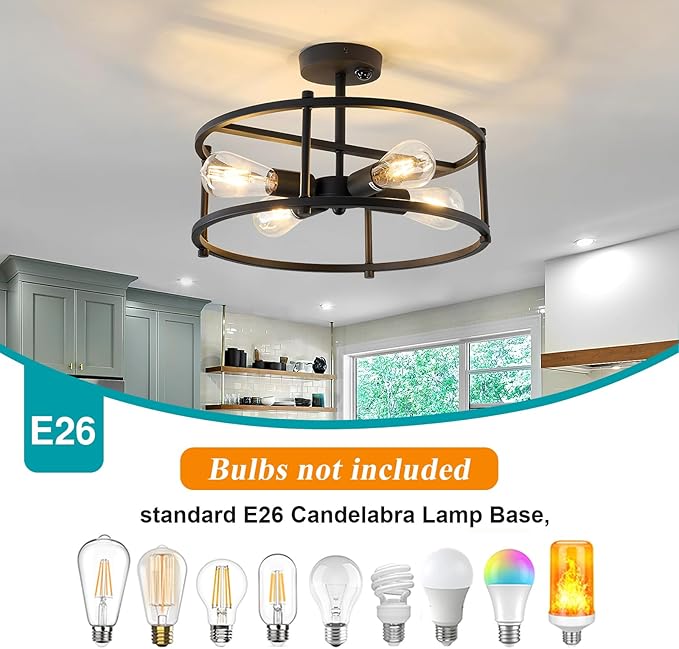 hesoge Motion Sensor Ceiling Light Indoor Industrial 4 Light Semi Flush Mout Ceiling Light Fixture Black Overhead Light for Entryway Hallway Closet Porch Front Farmhouse