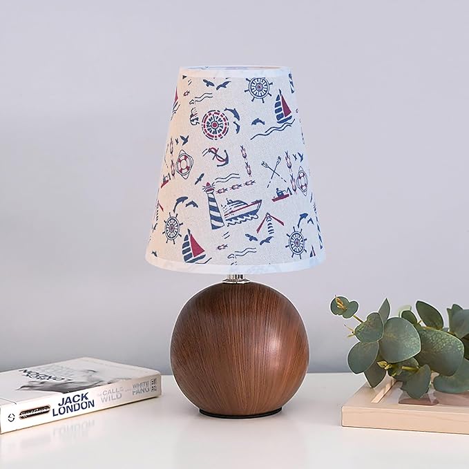 Vintage Wooden Base Fabric Table Lamp, Adjustable Light Color and Brightness with Power-Off Memory, Safe USB Powered, Retro Style LED Light for Bedroom Living Room Office (Voyage)