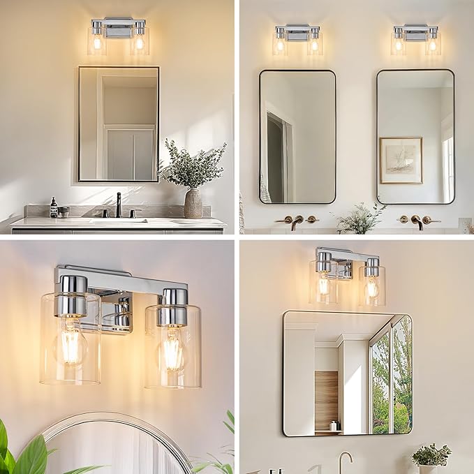 2-Light Bathroom Light Fixtures Modern Chrome Vanity Lights with Clear Glass Shade Wall Sconces Over Mirror for Bathroom, Powder Room, Living Room