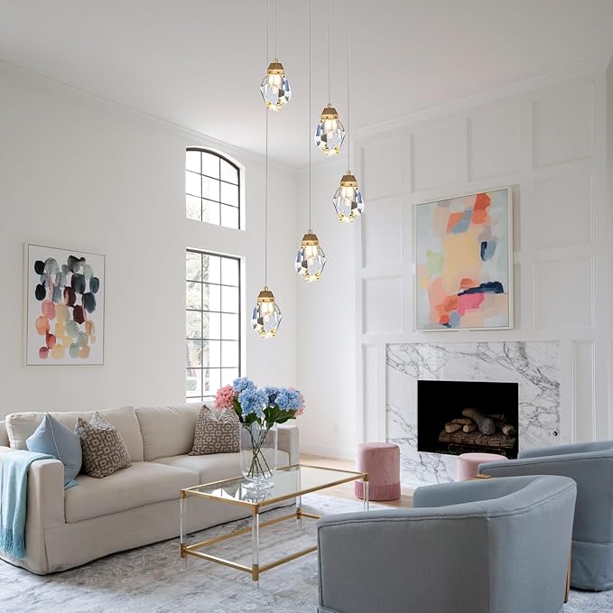 Dimmable Brass Gold Crystal Pendant Light - Modern 5-Light Diamond Chandelier for Kitchen Island, Dining Room, Hallway, and Bathroom