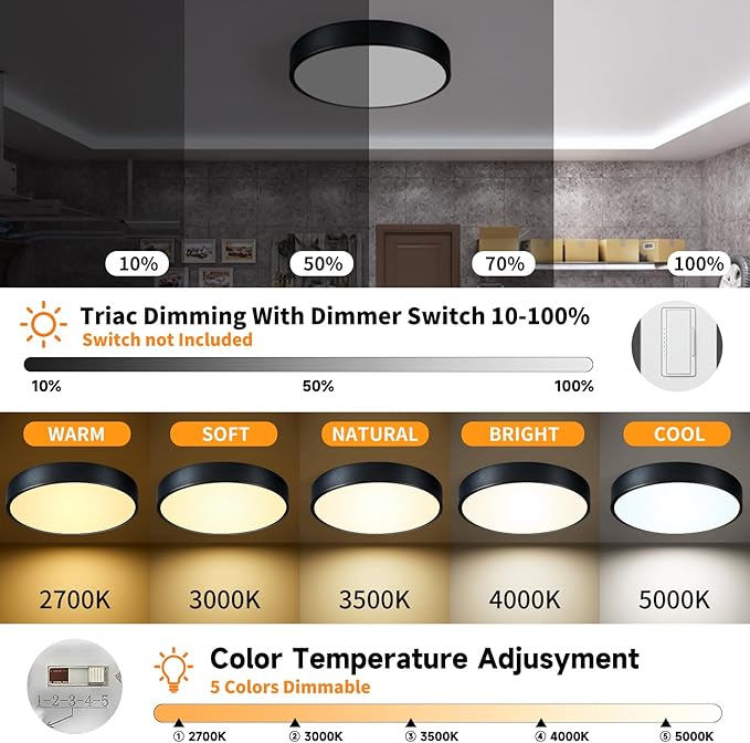24W Dimmable Ceiling Light Fixture, 12 inch Flush Mount Light Fixture, LED Ceiling Lights Bedroom, Kitchen, Entryway, Super Bright 2700 Lumens 300W Equivalent 5CCT(2700k-5000k) 2 Pack Black