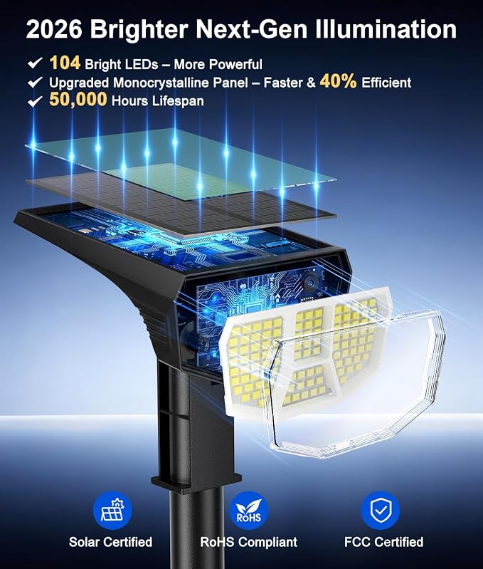 LETMY Solar Spot Lights Outdoor Waterproof IP65, 104 LEDs Outdoor Lights, 2-in-1 Auto On/Off Solar Powered Spotlights, Outdoor Solar Lights for Yard, Garden, Pathway & Wall, 4 Pack, Cool White