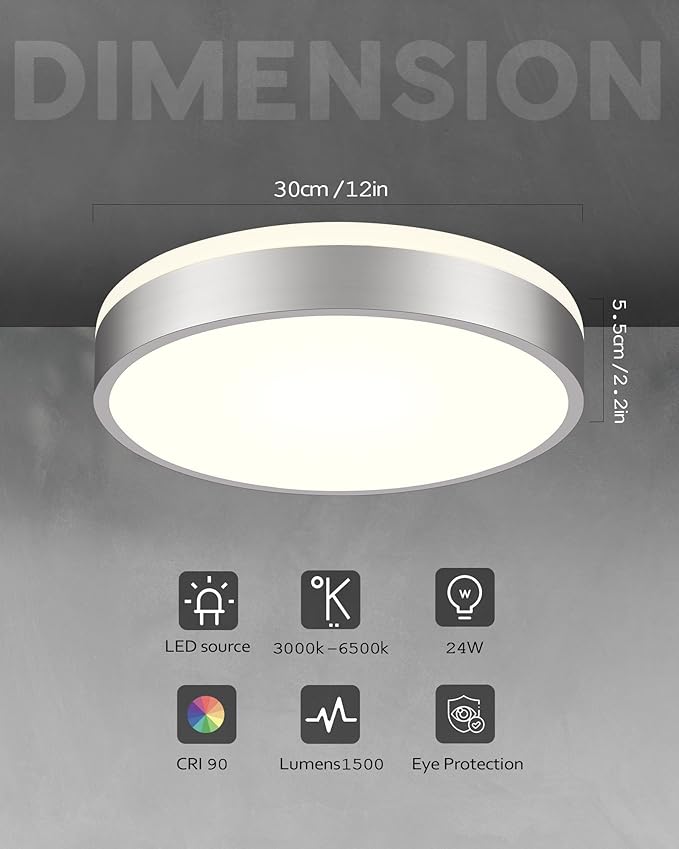 Ken & Ricky Flush Mount Ceiling Light, Dimmable Led Close to Ceiling Light Fixtures for Kitchen Bathroom Bedroom Hallway 5cct (Brushed Nickel,2PK, 12 Inch)