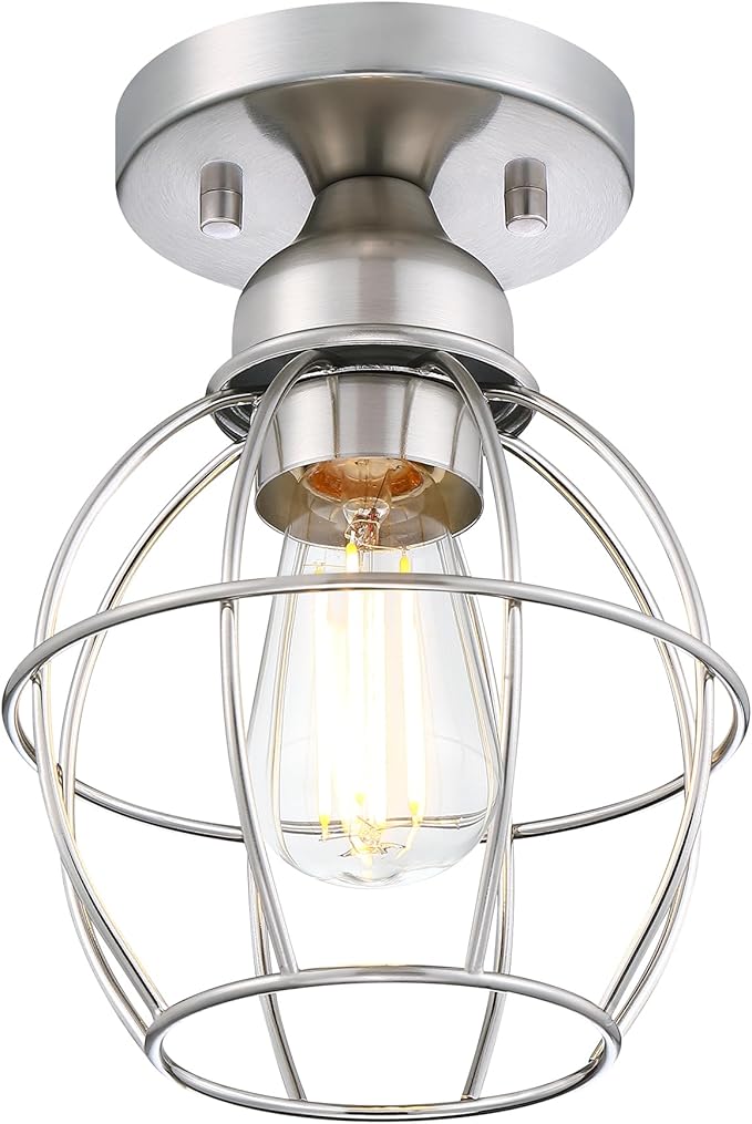 Farmhouse Ceiling Light Fixture, Vintage Semi Flush Mount Ceiling Light, Small Metal Cage Lighting Lamp for Hallway Entryway Kitchen Porch, Nickel Finish, 1-Pack