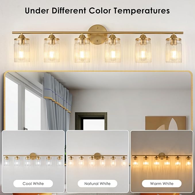 Jonsi Gold Bathroom Light Fixtures 6-Light Vanity Lights Modern Wall Sconce with Clear Glass Shade Brushed Brass Bathroom Light Fixture Over Mirror for Bedroom Hallway Kitchen