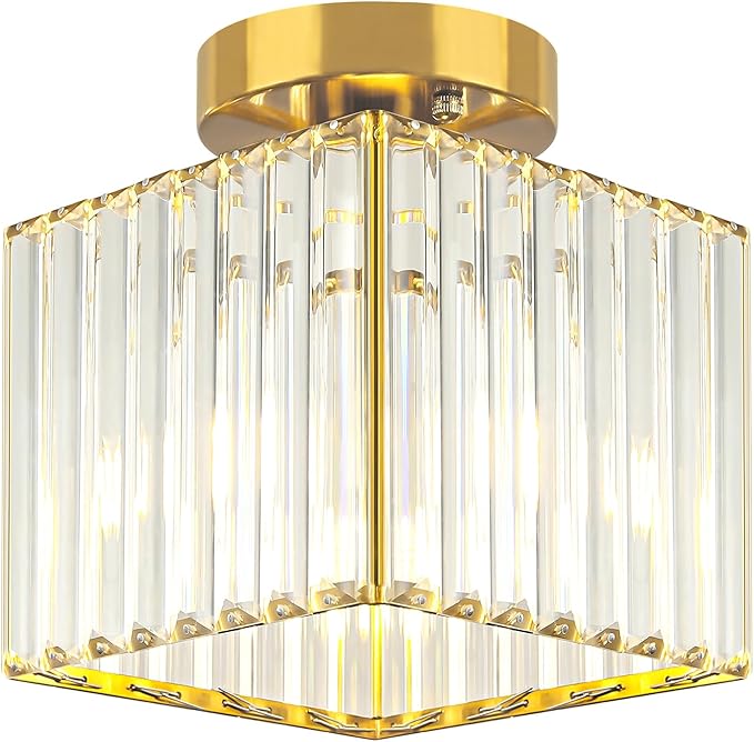 2-Pack Crystal Ceiling Light Fixture Modern Square Semi Flush Mount Ceiling Light Gold Hallway Light Fixtures Chandelier for Kitchen Entryway Bedroom Bathroom Laundry Foyer, 7.24Inch