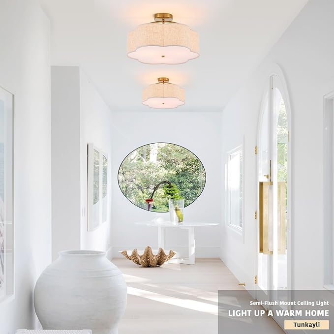 18" Semi Flush Mount Ceiling Light Modern 3-Lights Gold Drum Ceiling Light Fixture with Fabric Linen Shade, Vintage Ceiling Lighting for Living Room, Kitchen, Basement, Laundry Room, Bedroom