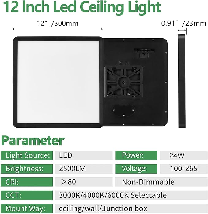 12 Inch 6PK Square LED Flush Mount Ceiling Light, 24W, 2500LM, 3000K/4000K/6000K CCT Selectable, LED Flat Panel Low Profile Ceiling Light Fitures for Hallway, Kitchen, Bedroom, Laundry Room