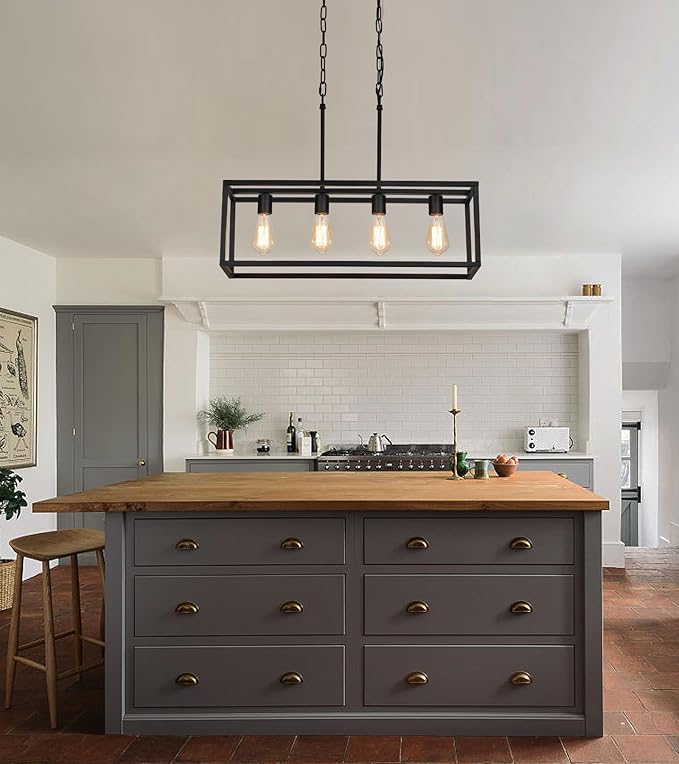 AMZASA Black Rectangle Island Lighting Rectangular Modern Industrial Chandelier 4 Lights Linear Vintage Cage Light Fixtures for Kitchen Dining Room (Height Adjustable)